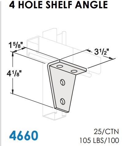 STR4660 STRUT BRACKETS - SHELF ANGLES 4 HOLE, 90D, 3-1/2" X 4-1/8" X 1-5/8" ZINC