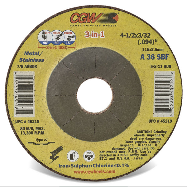 4 1/2 X 3/32 (.094) X 5/8-11 A36S CUT / GRIND COMBO T27 ABRASIVE DISC (2.5MM)