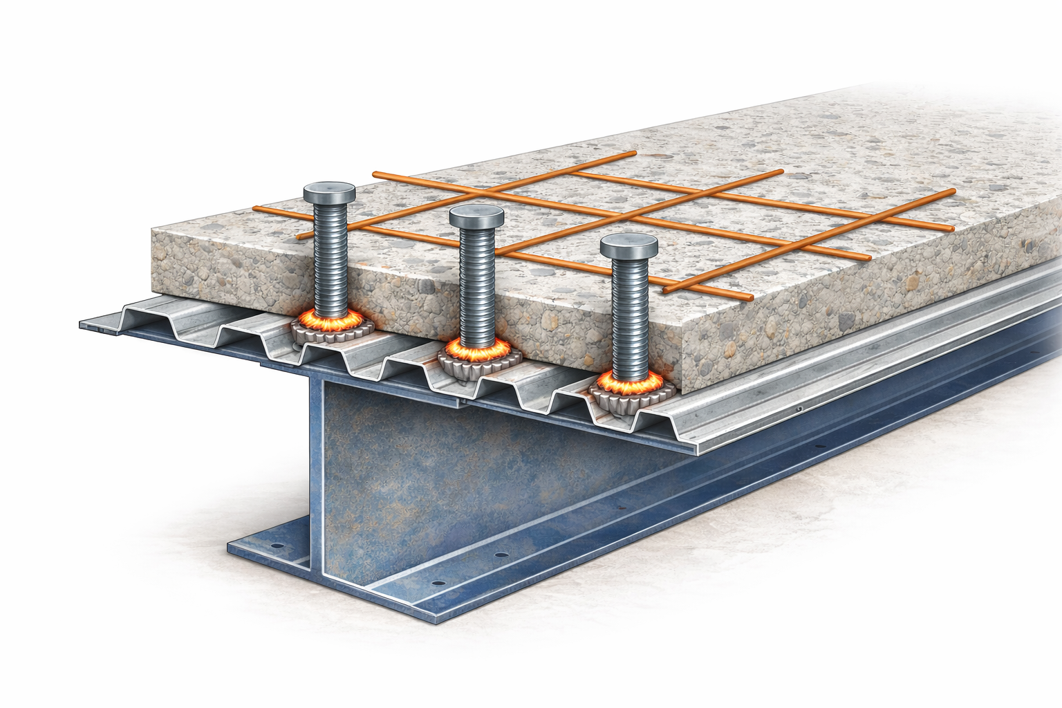 Headed concrete anchor and shear connector weld studs welded to a steel beam in composite concrete construction