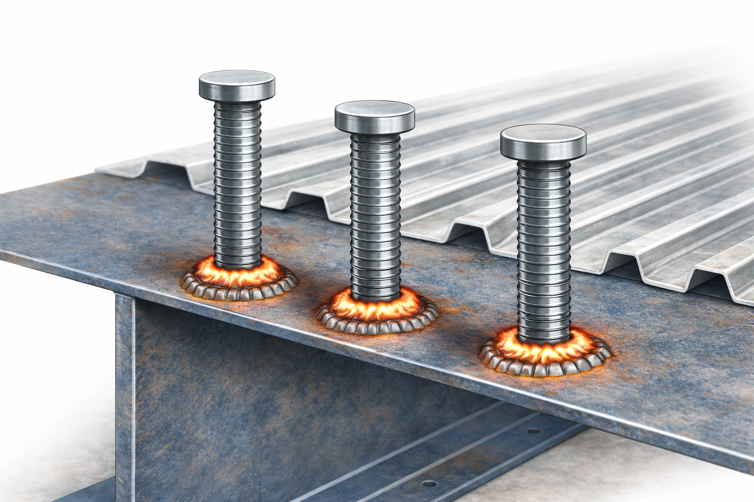 Shear connector weld studs welded to the top flange of a steel beam in composite construction
