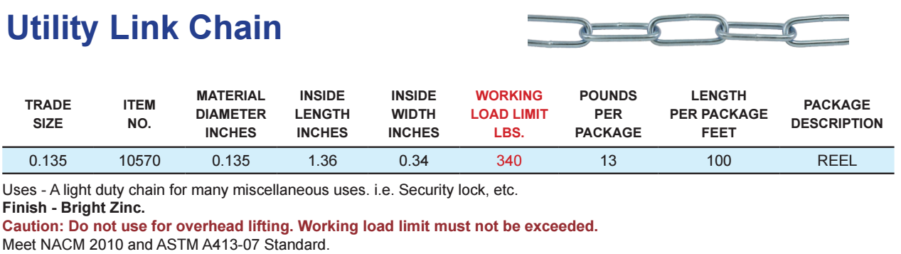 0.135" UTILITY LINK CHAIN, ZINC, WLL340