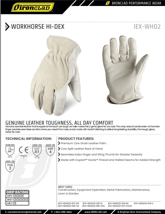 IRONCLAD IEX-WHO2 WORKHORSE LEATHER DRIVER GLOVE 2 - LARGE