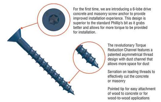 3/16" X 2-1/4" FLAT HEAD T25 TORX, TITEN TURBO CONCRETE SCREW - 100/BX