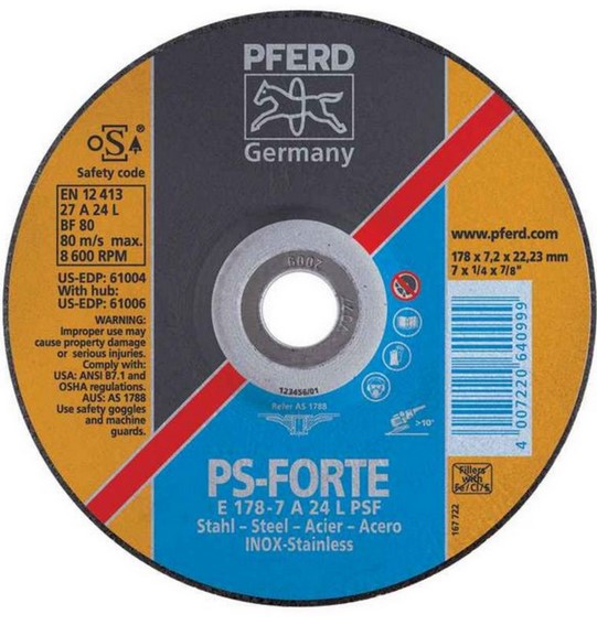 7" X 1/4 GRINDING WHEEL, 5/8-11 THD. - PSF STEELOX - TYPE 27