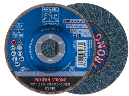 5" X 7/8" A.H. POLIFAN FLAP DISC - Z SGP STRONG STEEL, ZIRCONIA, 36 GRIT, CONICAL