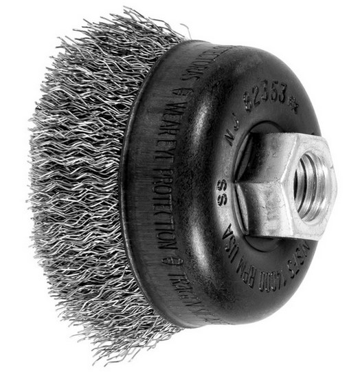 2-3/4" CRIMPED WIRE CUP BRUSH - .014 SS WIRE, 5/8-11 THREAD (EXT.)