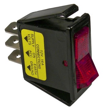 ON-OFF ROCKER ILLUMINATED RED SWITCH SPST PLASTIC BODY 1/4" TABS 12V 16A 1/PK