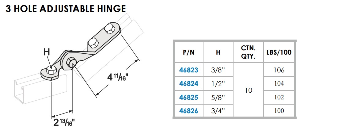 THREE HOLE ADJUSTABLE HINGE FOR STRUT ZP 1/2" BOLT SIZE